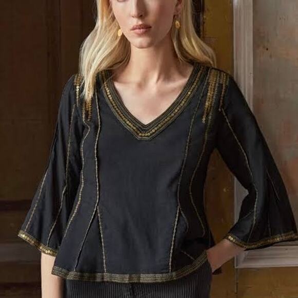 Wrap London Godet Cotton Sequin Bell Sleeve V Neck Blouse Sz 6 Black Gold - Picture 1 of 10